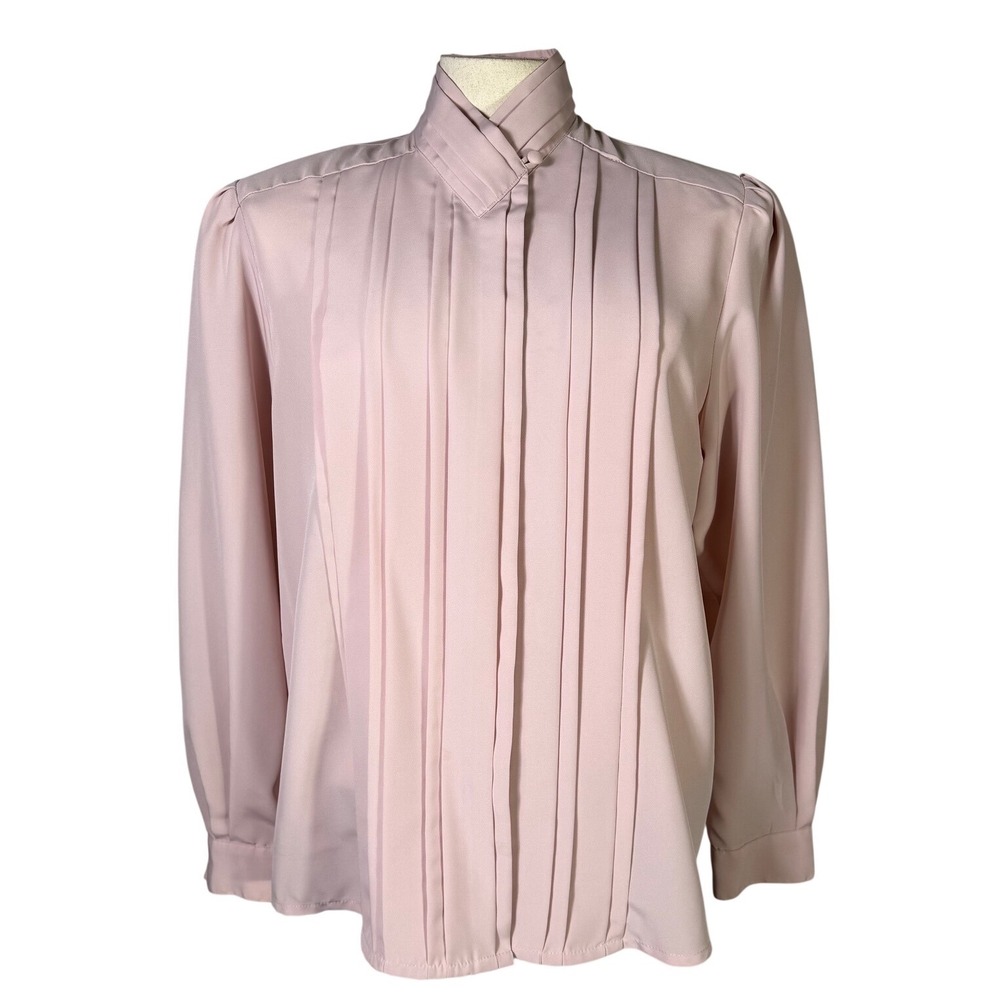 Vintage Yves St Clair Pink Pintuck Pleated High Neck Blouse Secretary Top Sz 14